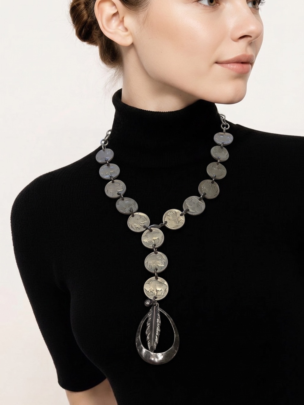 Elegant Silver-Tone Buffalo Coin and Feather Y-Necklace